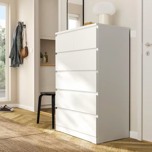 MDF White 6 Drawer Chest - 122cm × 45cm × 80cm.